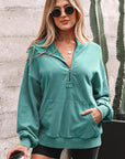 Solid Half-Zip Kangaroo Pocket Baggy Hoodie