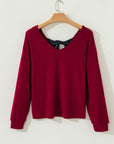 Bow Back Ribbed Knit V-Neck Drop Shoulder Top
