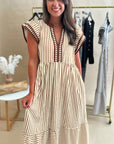 Stripe Ruffle Short Sleeve V-Neck Midi Dress