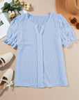 Solid Textured Notch Neck Puff Sleeve Blouse