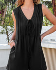 Solid Tie V-Neck Pintuck Sleeveless Romper