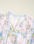 Floral Stripe Contrast Tie Split Neck Mini Dress