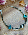 15” Turquoise Rondelle Necklace – Sterling Silver Pearls