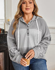 Plus Size Stripe Patchwork Waffle Half-Button Hooded Top