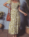 Boho Floral Smocked Square Neck Puff Sleeve Dress