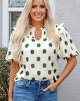 Polka Dot Shirred Notched Neck Balloon Sleeve Blouse