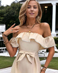 Ruffled Off Shoulder Jumpsuit With Ribbon Tie Waist