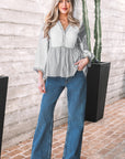 Stripe Gauze Patchwork Half Buttoned Babydoll Blouse