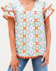 Geometric Floral V-Neck Layered Flutter Sleeve Blouse