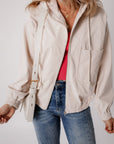 Solid Corduroy Zip-Up Pocketed Hooded Jacket