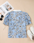 Floral Stripe Polo Collar Short Sleeve Blouse