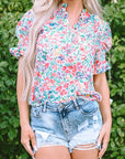 Azaria Floral Print Button Split Neck Puff Sleeve Blouse
