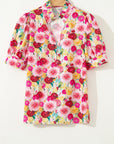 Floral Frilled V-Neck Short Puff Sleeve Blouse