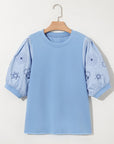 Floral Eyelet Embroidered Puff Short Sleeve Blouse