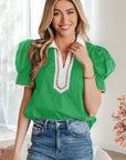Colorblock Ricrac Trim Collared Short Sleeve Blouse