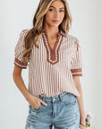 Stripe Collared V-Neck Bubble Sleeve Blouse