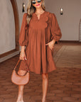 Corduroy Pleated Scallop Neck 3/4 Sleeve Mini Dress