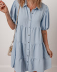 Solid Button-Up Collared Tiered Dress