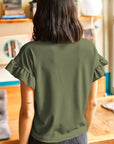 Solid Ribbed Knit Ruffle Short Sleeve T-Shirt