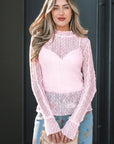 Lace Mock Neck Flounce Long Sleeve Top