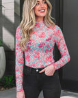 Floral Mesh Long Sleeve Mock Neck Top