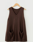 Solid Ribbed Trim Deep V-Neck Sleeveless Tunic Sweater