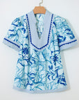 Floral Scalloped Ricrac Trim V-Neck Blouse