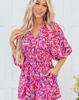 Abstract Puff Sleeve V-Neck High Waist Romper