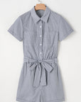 Stripe Chest Pockets Buttoned Collar Belted Romper