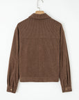 Solid Corduroy Lapel Collar Zip-Up Buttoned Jacket