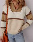 Colorblock Stripe Quarter Zip Collared Sweater