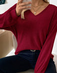 Bow Back Ribbed Knit V-Neck Drop Shoulder Top