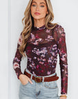 Floral Mesh Turtleneck Long Sleeve Ruched Top
