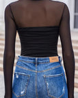 Sheer Mesh Patchwork High Neck Long Sleeve Top
