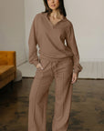 Solid V-Neck Pullover and Drawstring Sweatpants Set