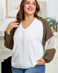Plus Size Colorblock Lace Patchwork Balloon Sleeve Top