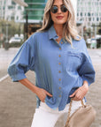 Denim Chambray Drop Shoulder 3/4 Sleeve Shirt