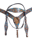 HILASON Western Horse Leather Headstall & Breast Collar Set Floral Brown Turquoise Inlay