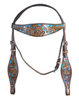 HILASON Western Horse Leather Headstall & Breast Collar Set Floral Brown Turquoise Inlay