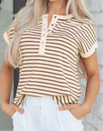 Stripe Half Buttoned Short Sleeve Top