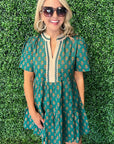Floral Contrast Trim V-Neck Short Sleeve Dress