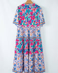 Floral Tie Split Neck Short Sleeve Dress