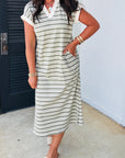 Stripe Collared V-Neck Short Sleeve Midi Dress