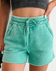 Mineral Wash Drawstring Elastic Waist Raw Edge Shorts
