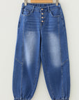 Denim Buttoned Fly Tapered Barrel Leg Jeans