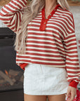 Stripe Buttoned Collared V-Neck Drop Shoulder Top