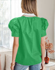 Colorblock Ricrac Trim Collared Short Sleeve Blouse