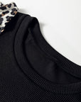 Leopard Contrast Ruffle Short Sleeve Ribbed Top