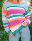 Stripe Knit Drop Shoulder Puff Sleeve Sweater