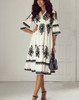 Western Geometric 3/4 Sleeve Midi Dress